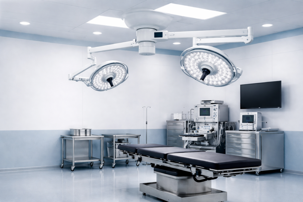 Dual-Dome Led Energy-Efficient Surgical Light Illuminating A Modern Operation Theatre