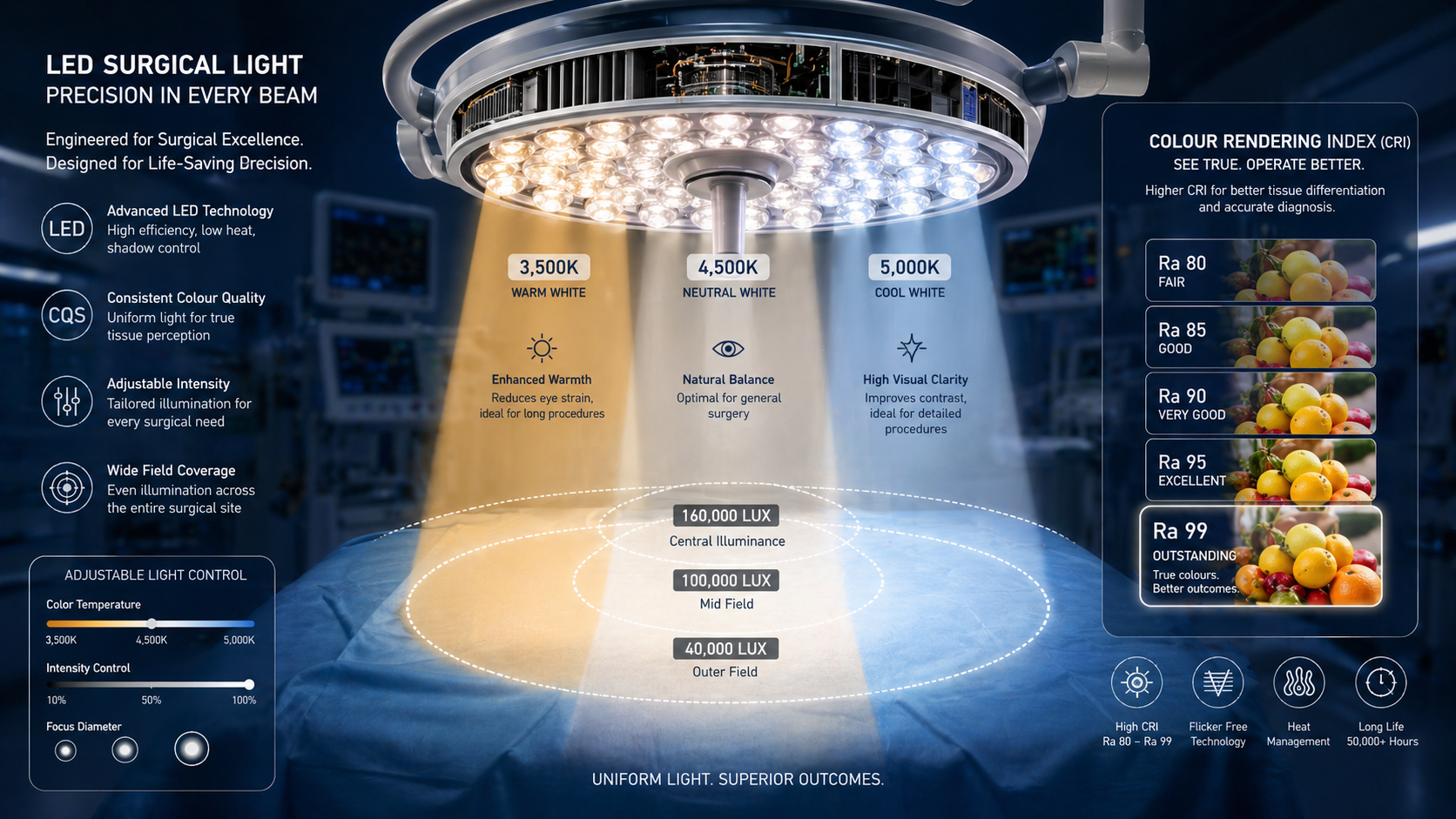 Led Surgical Light Showing Lux Output, Cri Rating, And Adjustable Color Temperature Settings For Operating Room Use