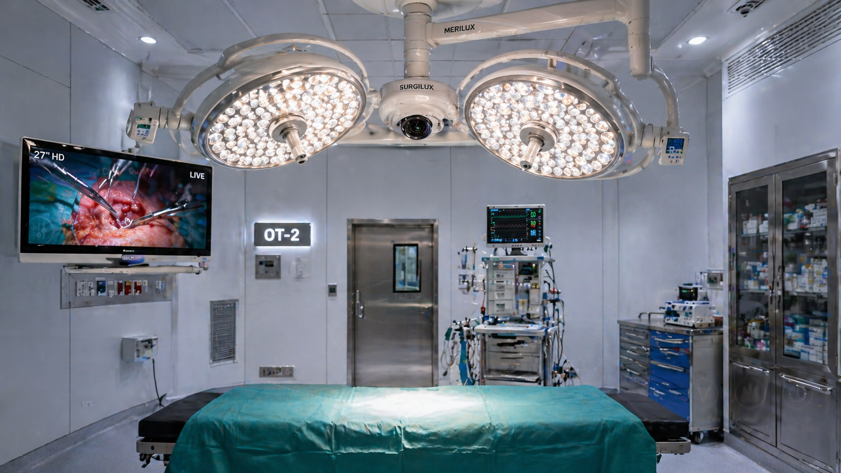 Led Surgical Light With Integrated Hd Camera Mounted In Light Head, Showing Live Surgical Field On Or Monitor